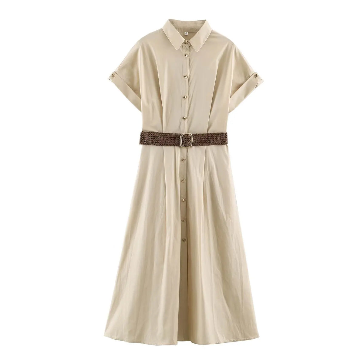 Robe chemise d'été plissée à taille haute et coupe ajustée, avec ceinture, manches courtes, style trapèze et look de bureau décontracté pour femme.