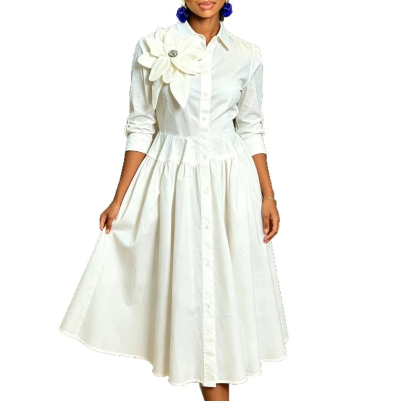 Robe chemisier longue pour femme, coupe trapèze, style streetwear Y2K, col rabattu, manches longues, à fleurs, élégante, pour soirée, été 2026.