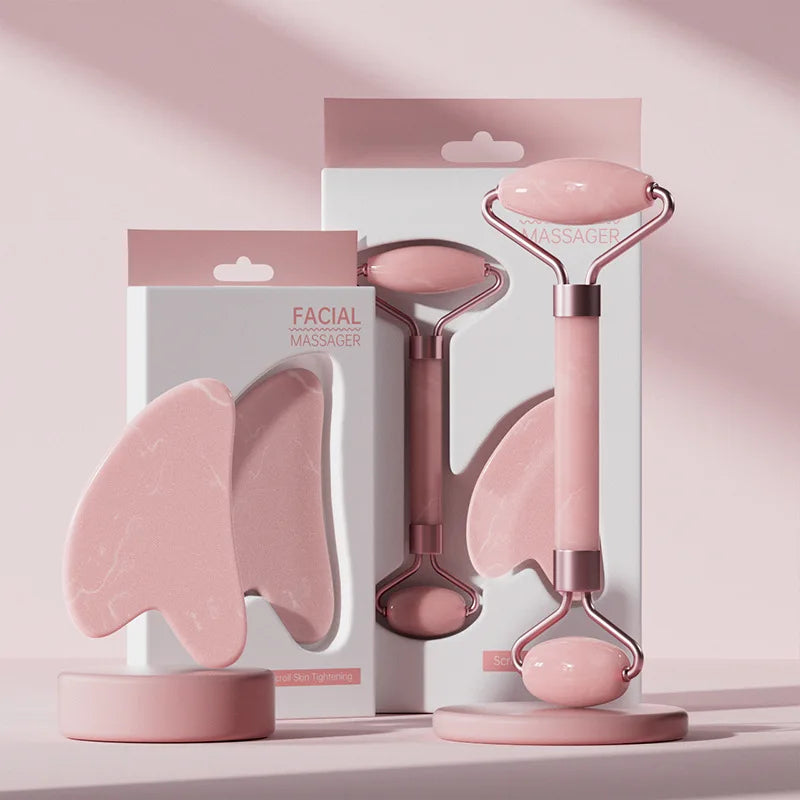 Rouleau de massage pour le visage et le cou et planche Gua Sha en résine (imitation jade ou cristal, non rose) - Outils de soin pour la peau à double embout.