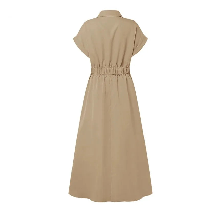 Robe longue d'été élégante et ample pour femme, de couleur unie, à manches courtes et boutons, coupe trapèze, taille cintrée, style de soirée, nouvelle mode 2026.