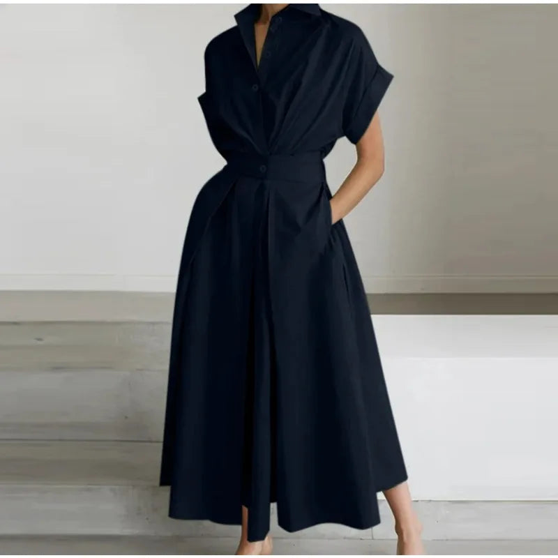 Robe longue d'été élégante et ample pour femme, de couleur unie, à manches courtes et boutons, coupe trapèze, taille cintrée, style de soirée, nouvelle mode 2026.