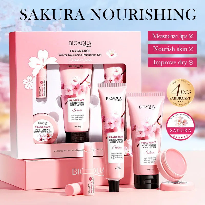 « Lot de 4 pièces BIOAQUA Set de soins de la peau à la fleur de cerisier (Sakura) : crème hydratante pour le corps, crème pour les mains, baume à lèvres, lotion corporelle, kit de soins anti-âge pour la peau. »