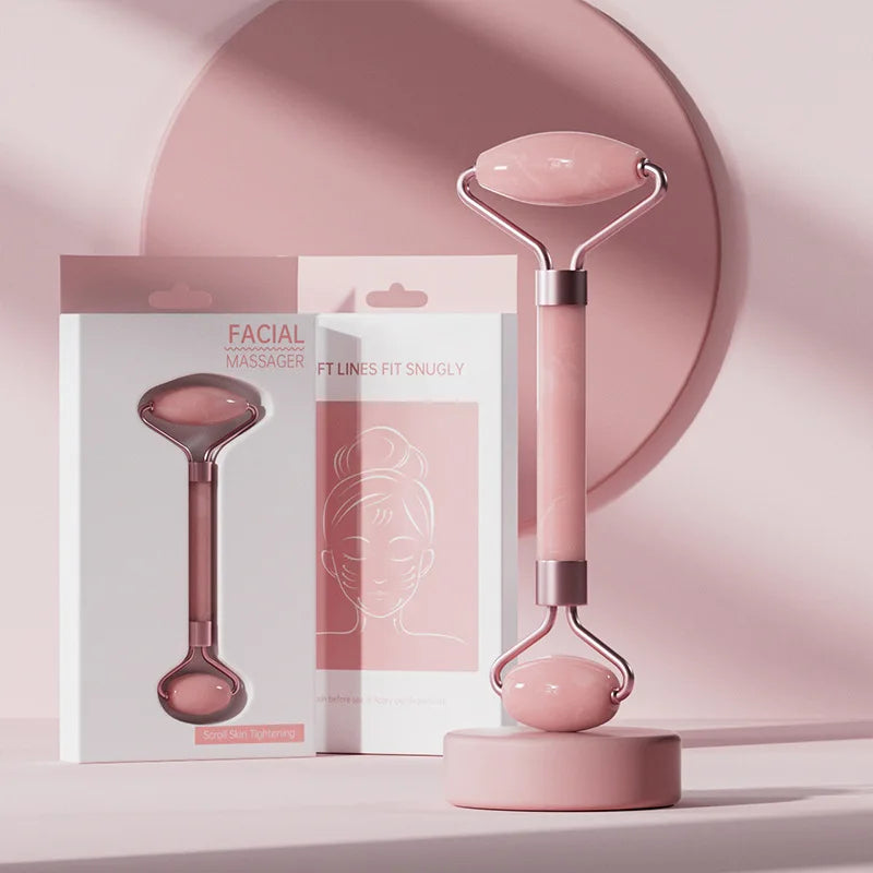 Rouleau de massage pour le visage et le cou et planche Gua Sha en résine (imitation jade ou cristal, non rose) - Outils de soin pour la peau à double embout.