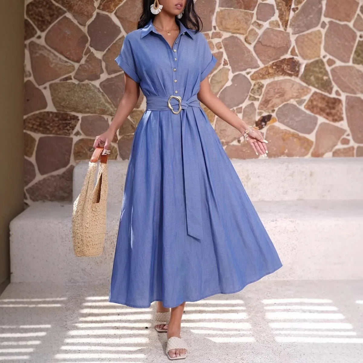 Longue robe chemise pour femme, coupe trapèze, style streetwear Y2K, manches courtes, élégante, de soirée ou décontractée, ample avec taille cintrée, pour le travail (2026) ».