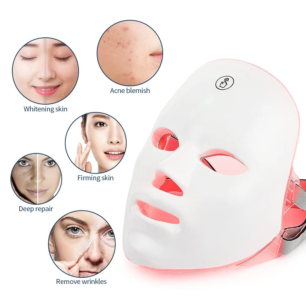 Masque facial LED rechargeable, luminothérapie 7 couleurs pour le rajeunissement de la peau, anti-acné, anti-rides, masque de beauté et éclat de la peau
