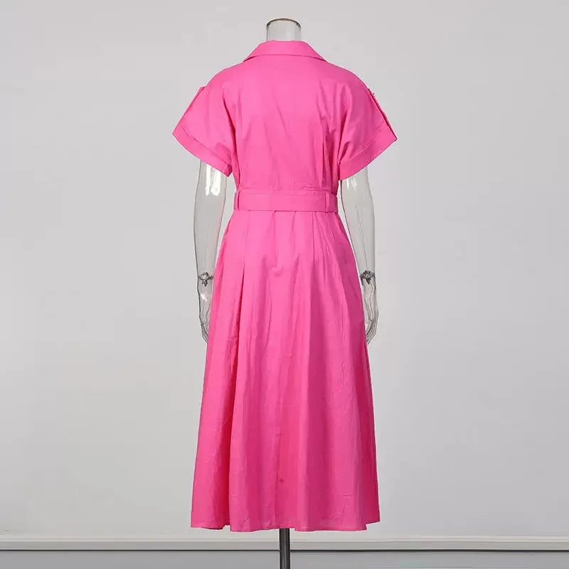 Robe chemise longue et unie pour femme, style estival, élégante, à manches courtes, ceinturée, coupe trapèze, idéale pour les vacances, la plage ou un style décontracté. »