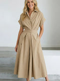 Robe longue pour femme unie, tendance, d'été à manches courtes, coupe trapèze, boutonnée, taille cintrée, ample, élégante et polyvalente pour le quotidien ou une fête. »