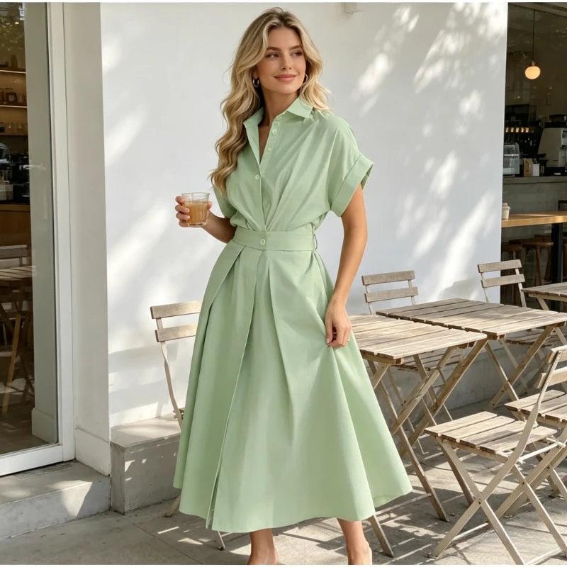 Robe longue chic unie pour femme, nouvelle collection, style décontracté, élégante, polyvalente, pour le quotidien ou les fêtes, manches courtes d'été, coupe trapèze (A-line), boutons, taille cintrée et coupe ample.
