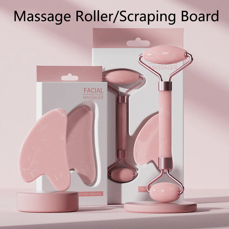 Rouleau de massage pour le visage et le cou et planche Gua Sha en résine (imitation jade ou cristal, non rose) - Outils de soin pour la peau à double embout.