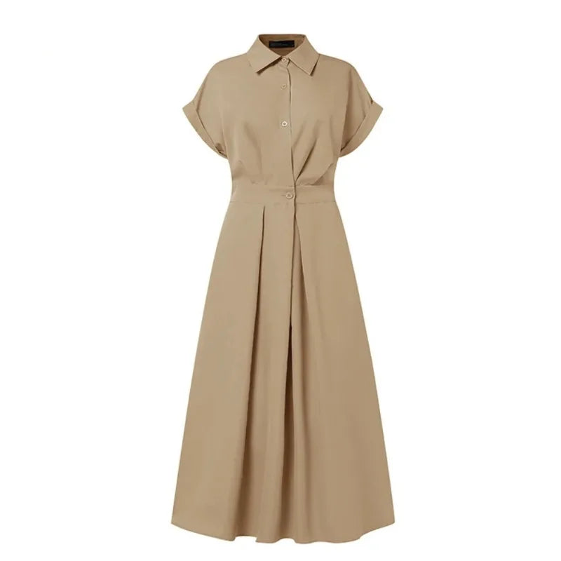 Robe longue pour femme unie, tendance, d'été à manches courtes, coupe trapèze, boutonnée, taille cintrée, ample, élégante et polyvalente pour le quotidien ou une fête. »