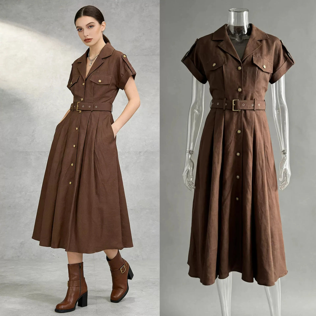 Robe chemise longue et unie pour femme, style estival, élégante, à manches courtes, ceinturée, coupe trapèze, idéale pour les vacances, la plage ou un style décontracté. »