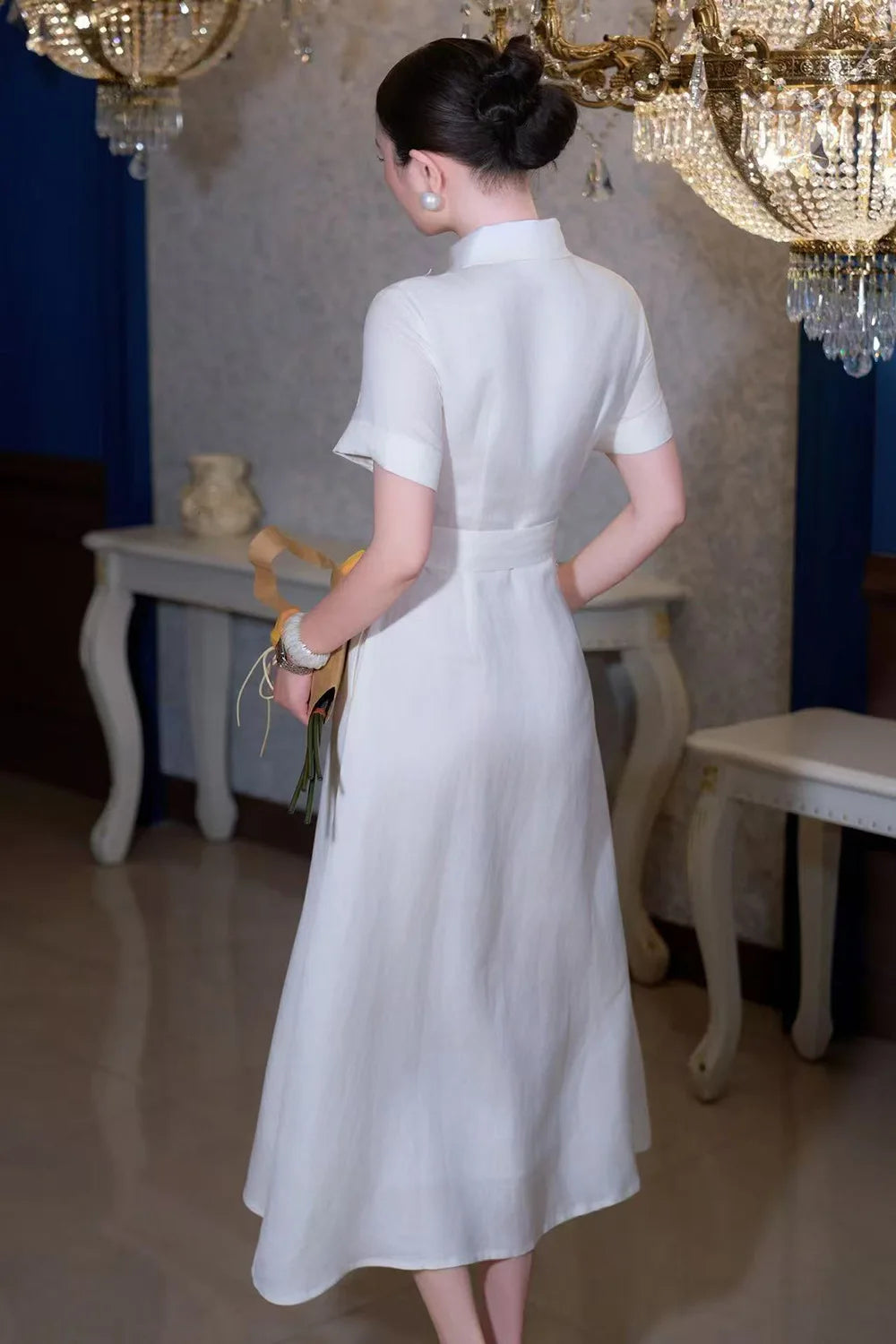 Robe longue pour femme au style élégant français, col polo, manches courtes, fleurs 3D, simple-boutonnage, taille haute avec nœud et lacets (Collection Printemps 2026)