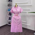 Robe longue chemisier pour femme, col rabattu, manches courtes, ceinture à taille cintrée et coupe trapèze (style élégant, Y2K, streetwear, travail 2026). »