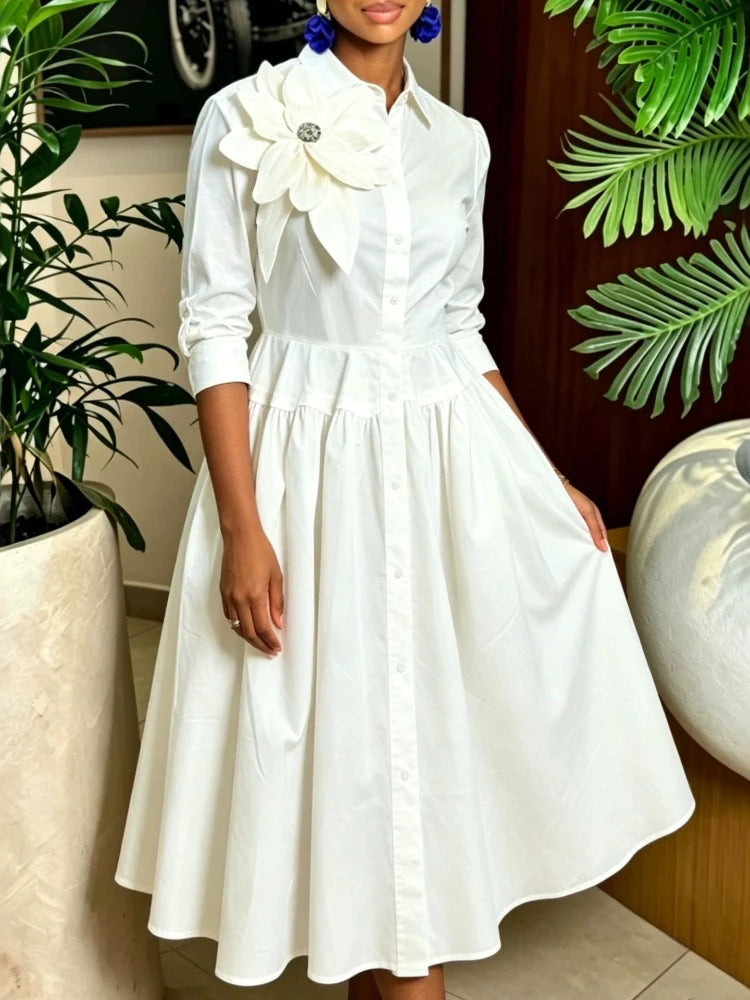 Robe chemisier longue pour femme, coupe trapèze, style streetwear Y2K, col rabattu, manches longues, à fleurs, élégante, pour soirée, été 2026.
