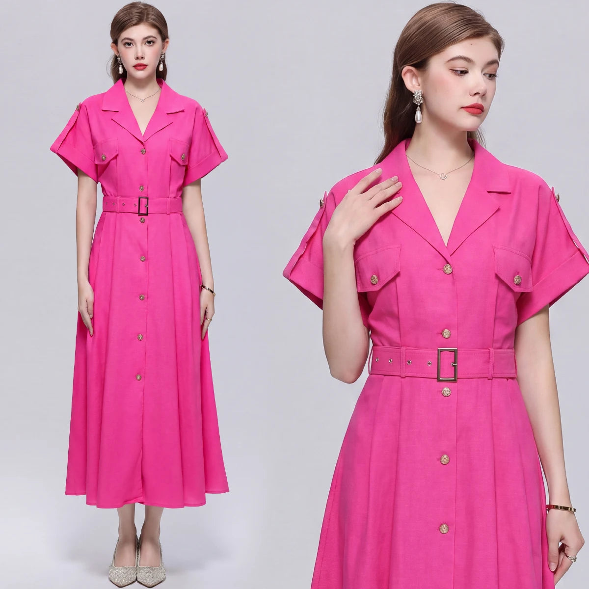 Robe chemise longue et unie pour femme, style estival, élégante, à manches courtes, ceinturée, coupe trapèze, idéale pour les vacances, la plage ou un style décontracté. »