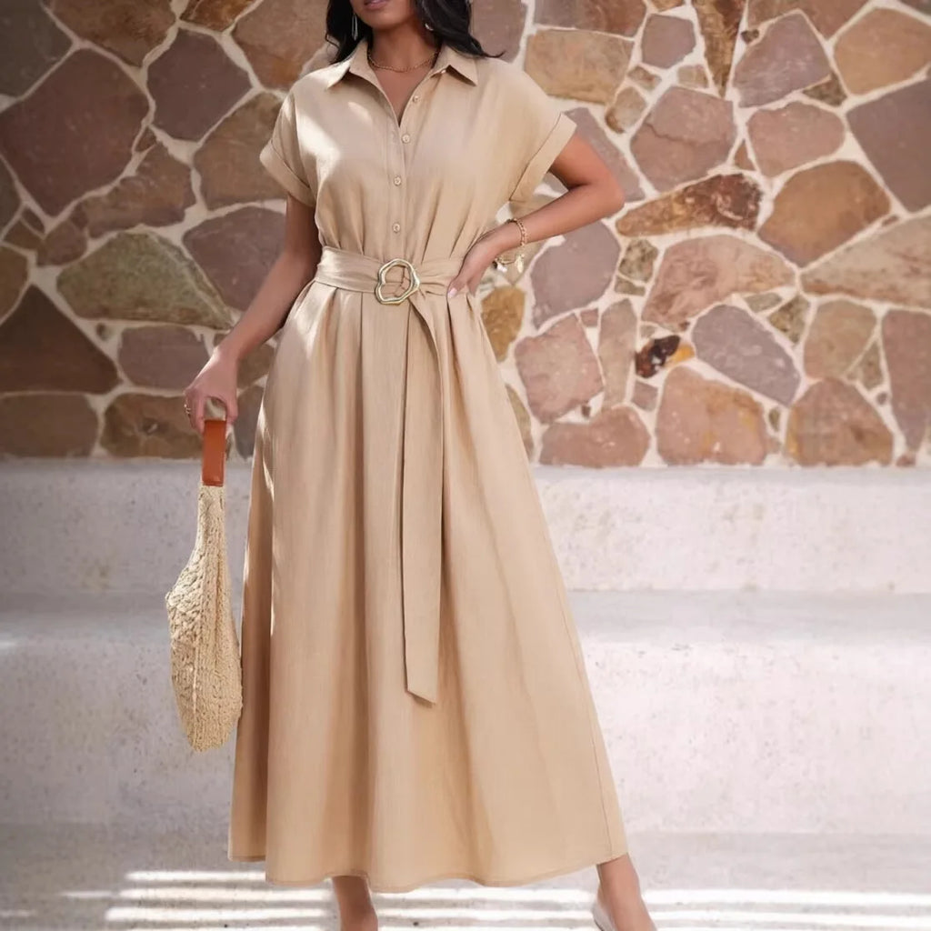 Longue robe chemise pour femme, coupe trapèze, style streetwear Y2K, manches courtes, élégante, de soirée ou décontractée, ample avec taille cintrée, pour le travail (2026) ».