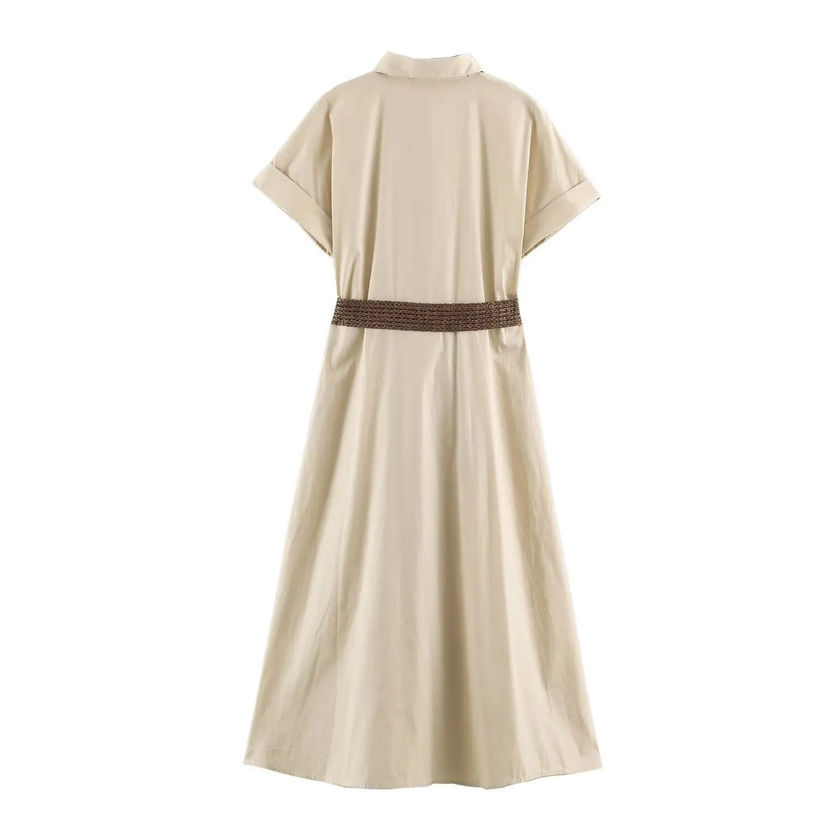 Robe chemise d'été plissée à taille haute et coupe ajustée, avec ceinture, manches courtes, style trapèze et look de bureau décontracté pour femme.